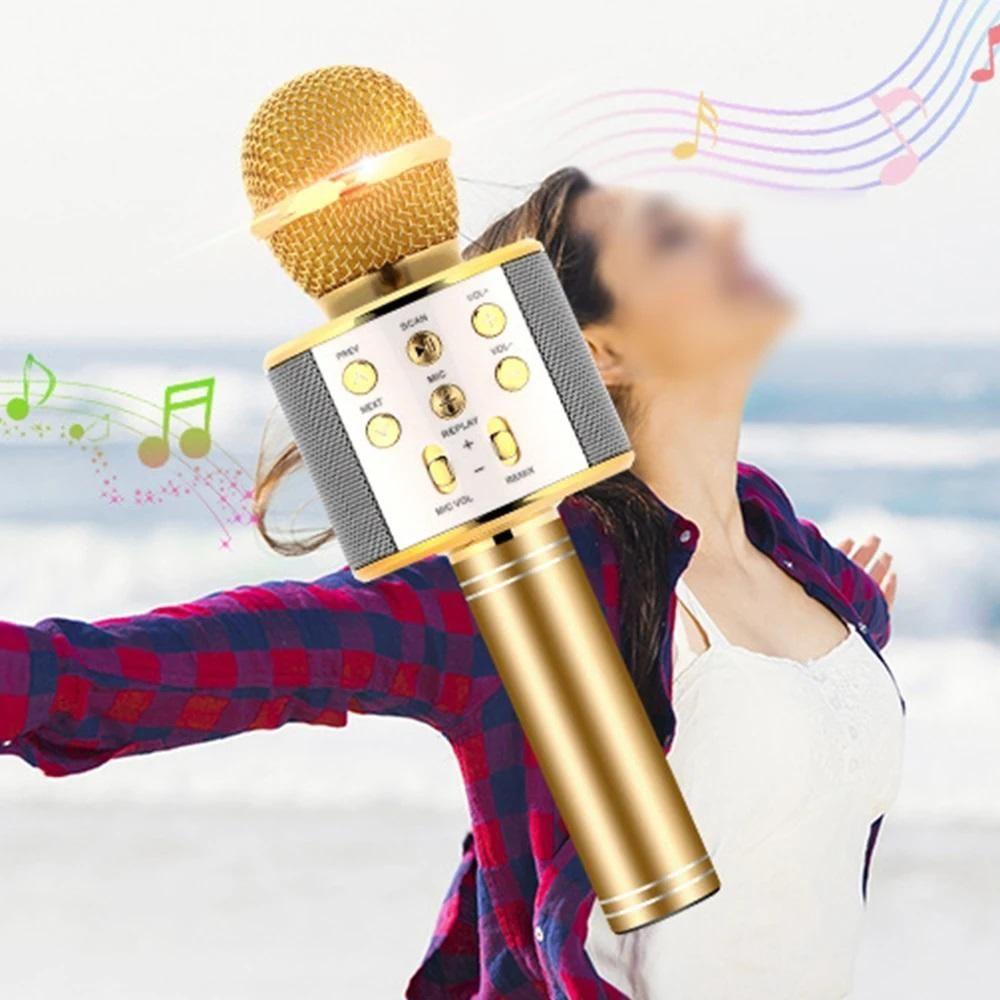 Microfone Karaokê Bluetooth Portátil Infantil Sem Fio Alto Falante Show Festa Escola Youtuber Dourado - 5