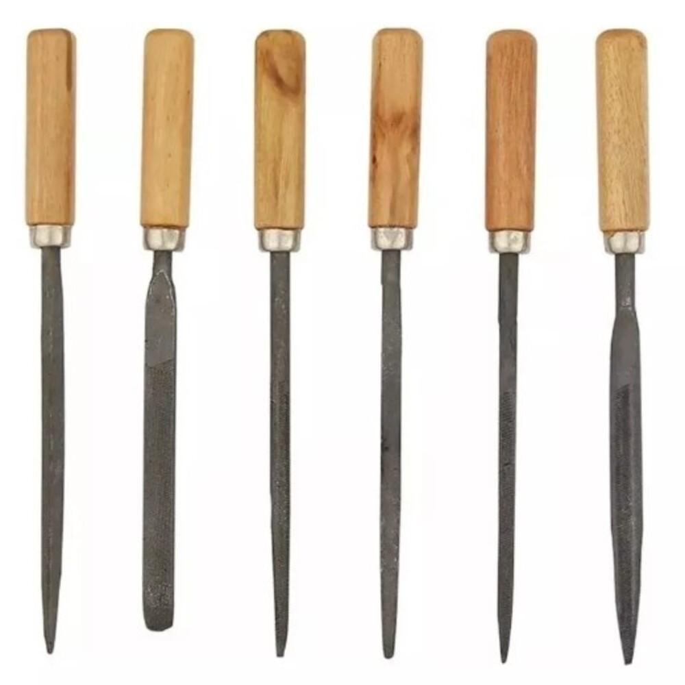 Jogo Lima Agulha Kit 6 Com Cabo Madeira Afiar Triangular Redonda Multiuso Ourives Reparo - 1