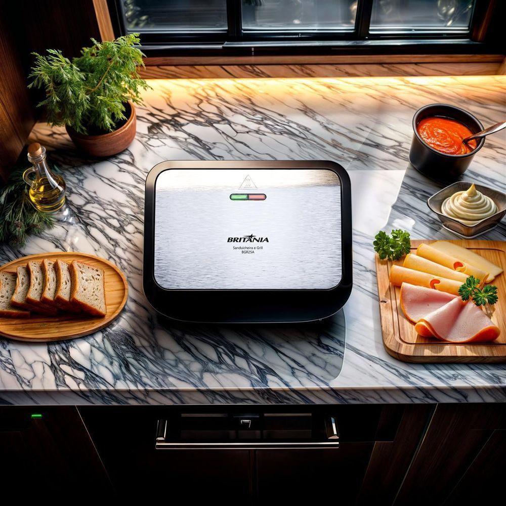 Sanduicheira E Grill Britânia 750W Antiaderente Bgr25a Preta-inox Preto - Inox 220V - 9