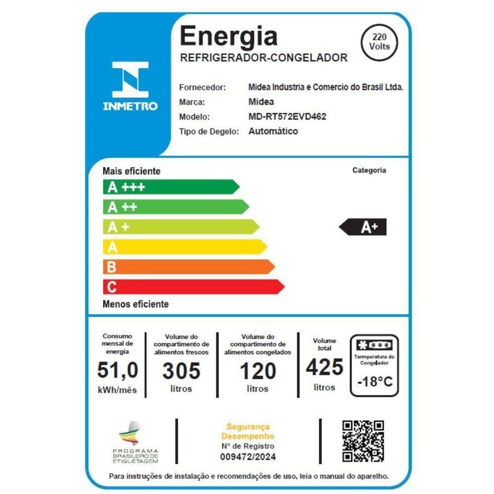 Geladeira-refrigerador Midea Frost Free Duplex 425L RT572EVD Inox 220V - 6