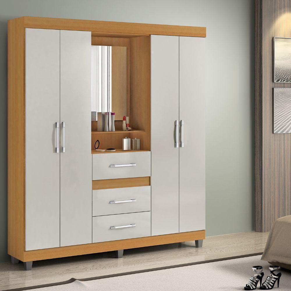 Guarda-roupa Casal 4 Portas 3 Gavetas Com Espelho Peroba-off White Capelinha Rei Móveis - 1