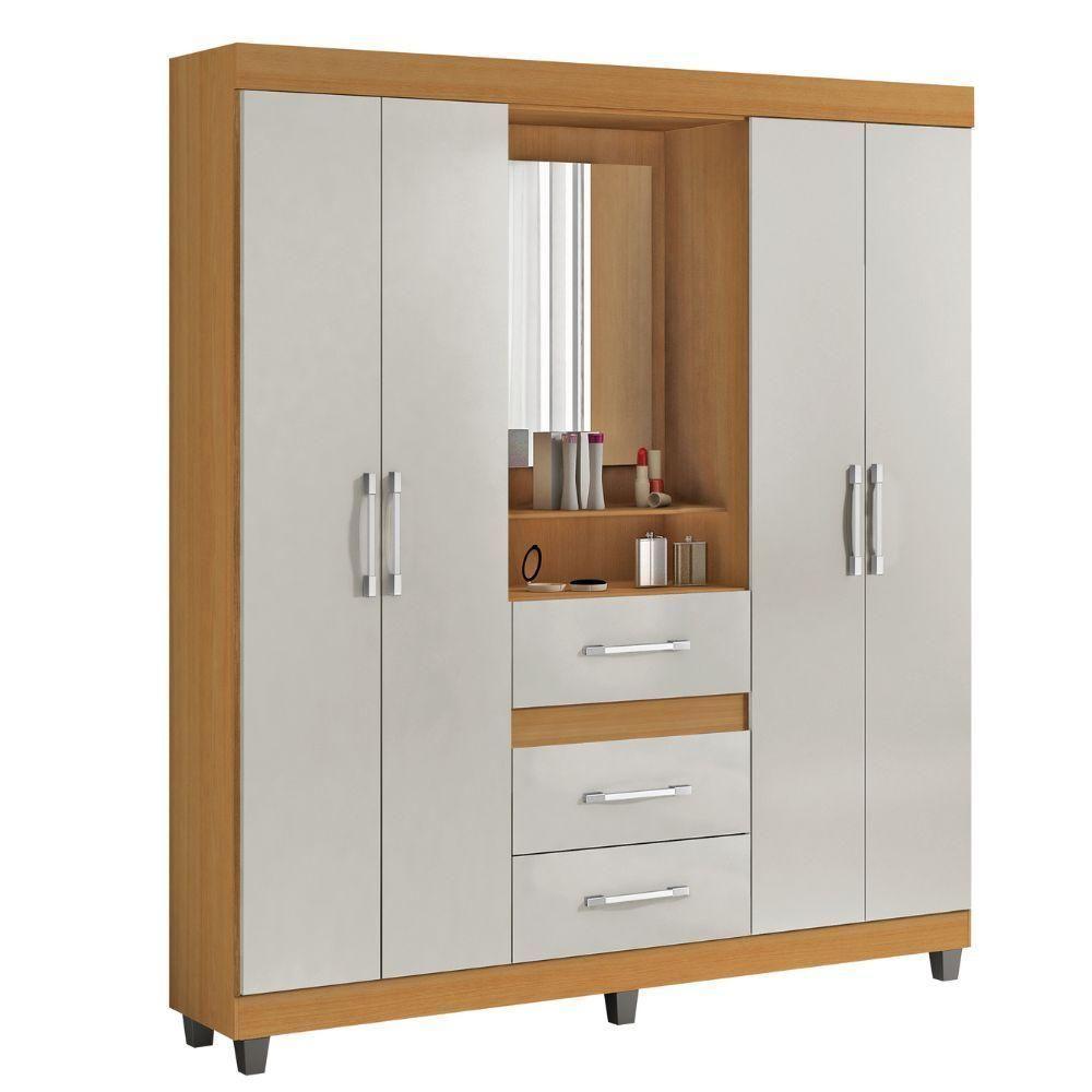 Guarda-roupa Casal 4 Portas 3 Gavetas Com Espelho Peroba-off White Capelinha Rei Móveis - 2