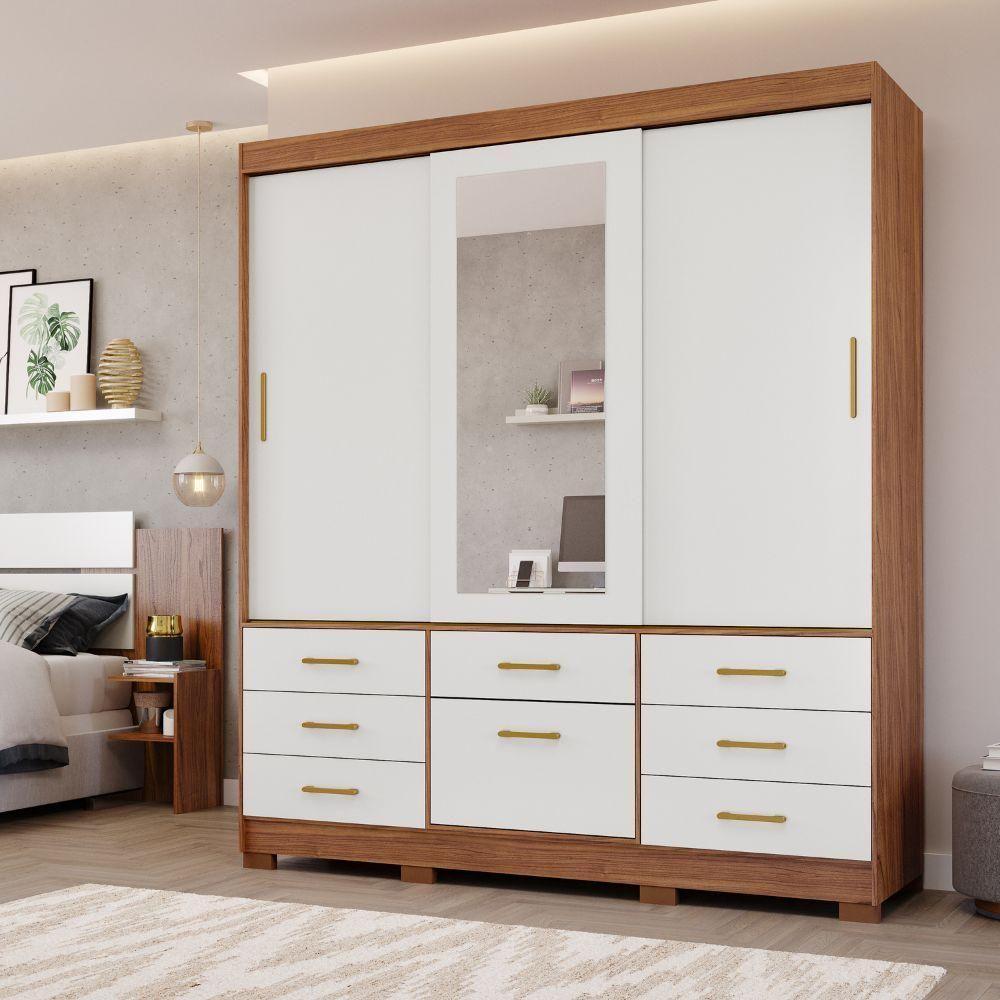 Guarda-roupa Casal 3 Portas 8 Gavetas Com Espelho Cinamomo-off Luiza Panan Móveis - 1