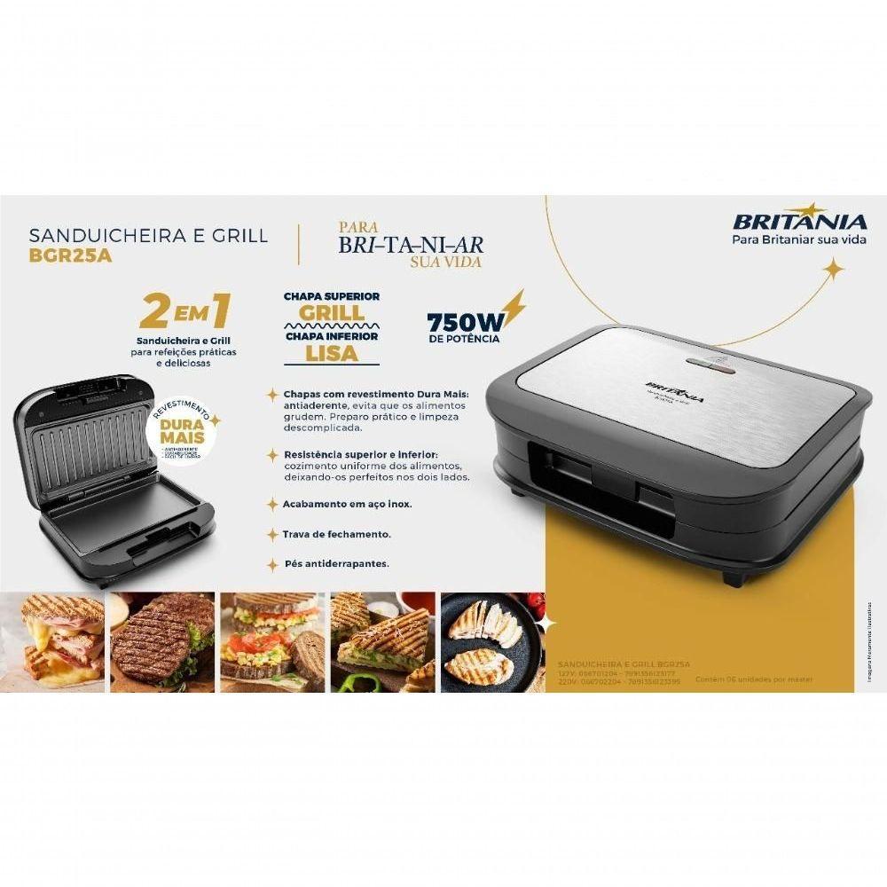 Sanduicheira E Grill Britânia 750W Antiaderente Bgr25a Preta-inox Preto - Inox 110V - 7