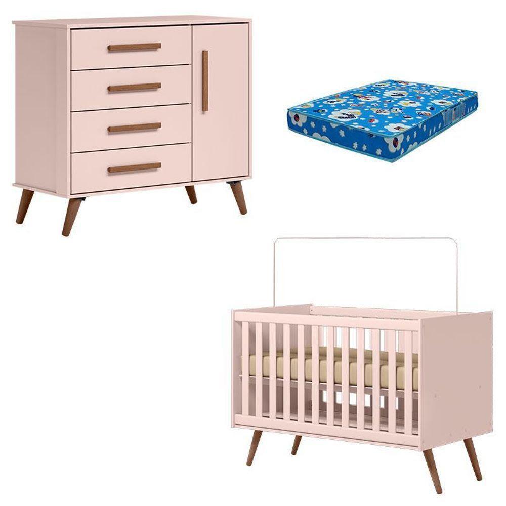 Berço Americano 3820 E Cômoda Infantil 3825 Q Encanto Retrô Rosa Com Colchão Tend Tudo - Qmovi - 1