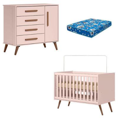 Berço Americano Q Encanto Retrô Rosa MDP com Colchão Espuma e Cômoda Infantil