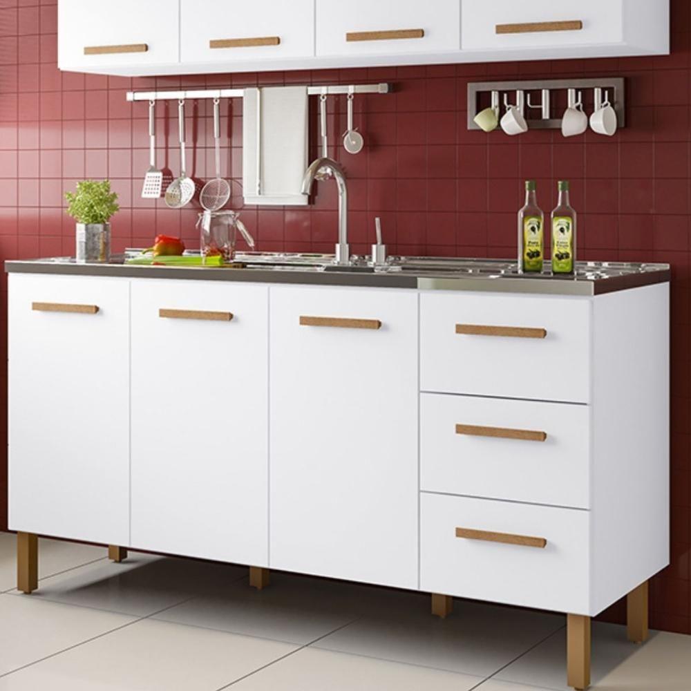 Armário De Cozinha Com Balcão Fortaleza 3 Portas Branco - 2