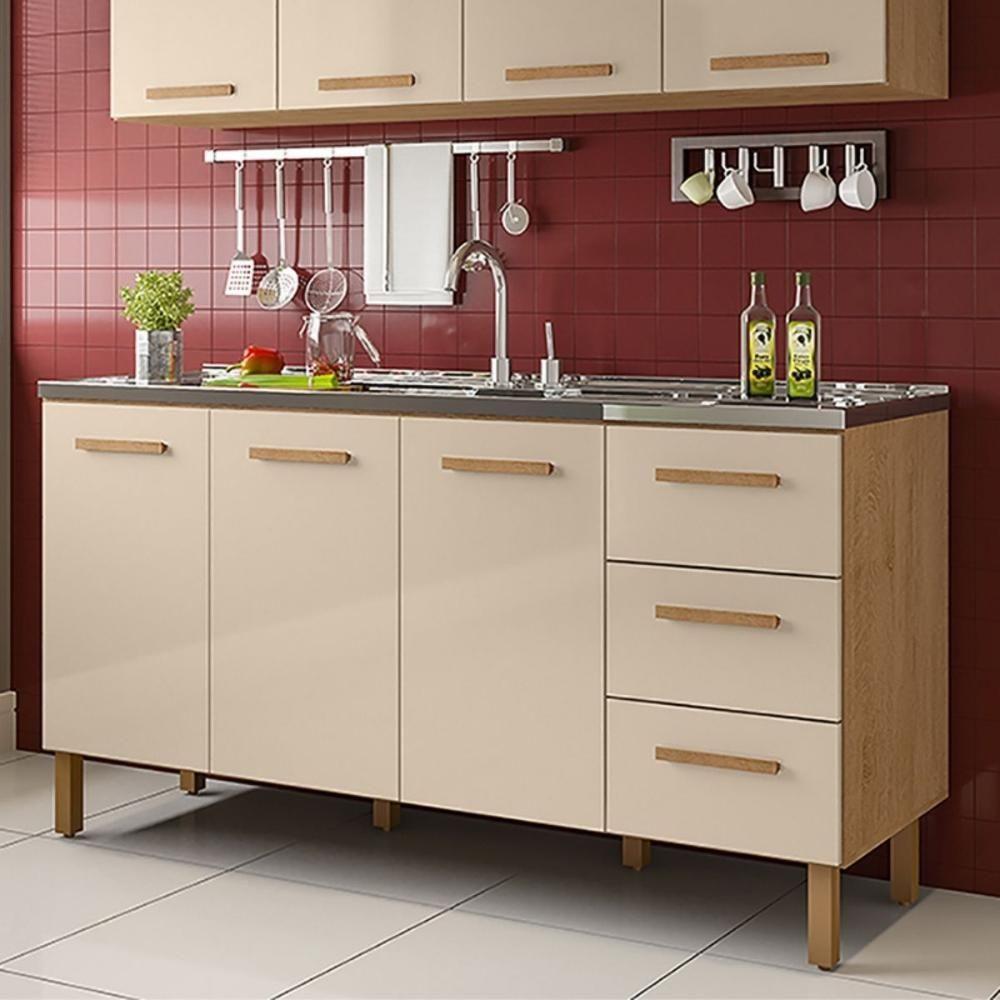 Armário De Cozinha Com Balcão Fortaleza 3 Portas Amêndoa Off White - 2