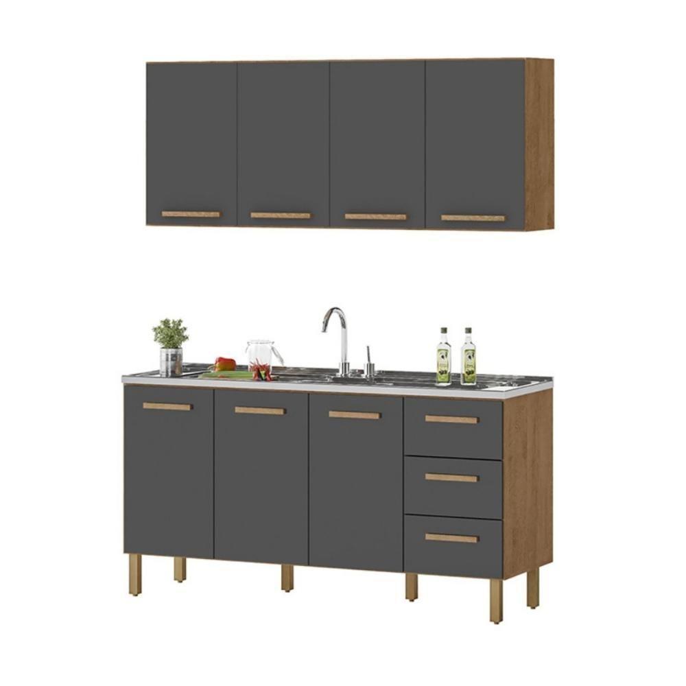 Armário De Cozinha Com Balcão Fortaleza 3 Portas Amêndoa Grafite - 1