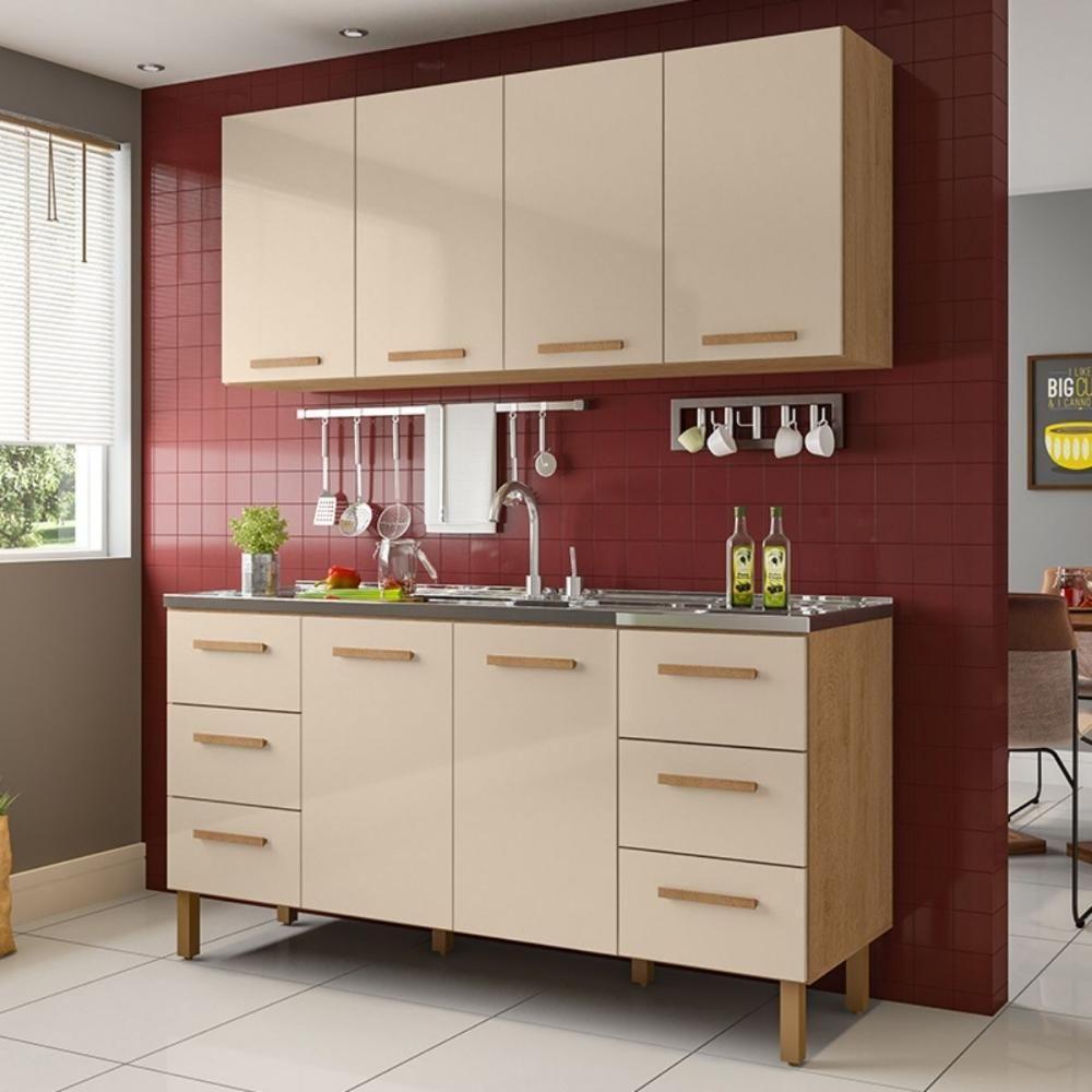 Armário De Cozinha Com Balcão Belém 2 Portas 6 Gavetas Amêndoa Off - 1