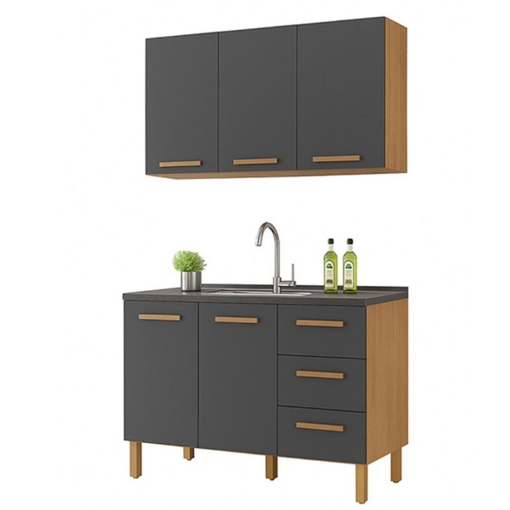Armário De Cozinha Com Balcão Fortaleza 2 Portas Amêndoa Grafite - 1