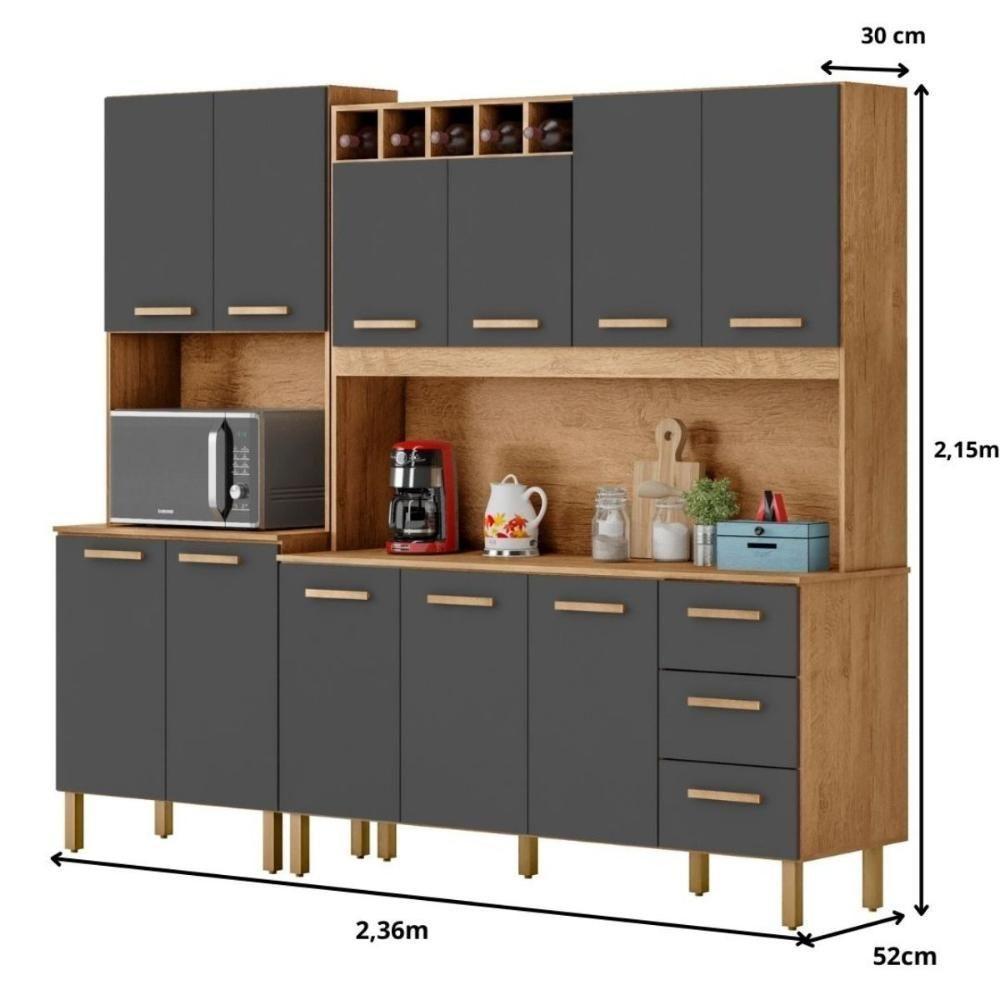 Armário De Cozinha Clara 11 Portas 2,36 Mt Amêndoa Grafite - 2