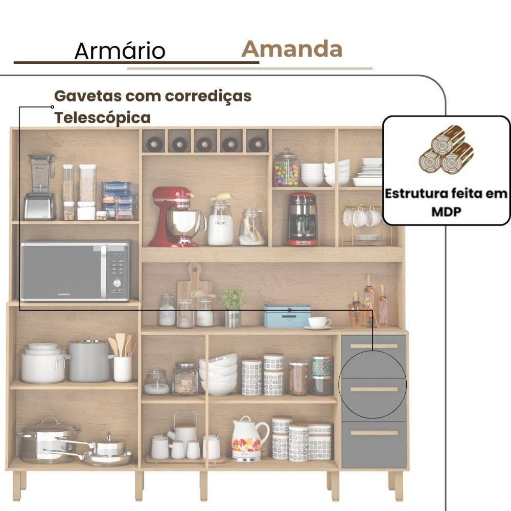 Armário De Cozinha Amanda 11 Portas 2,12mt Amêndoa Grafite - 3