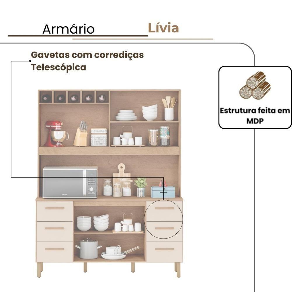 Armário De Cozinha Lívia 1,57m Com 6 Portas Amêndoa Off White - 3