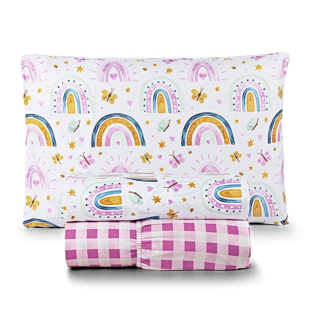 Jogo De Cama Lençol Casa Scarpa Lutti Solteiro Infantil 200 Fios Estampado 3 Peças Arco íris Rainbow Rosa - 1