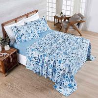 Jogo Cama Lençol Belle King 400 Fios Estampado 4 Peças Florido Azul - 1
