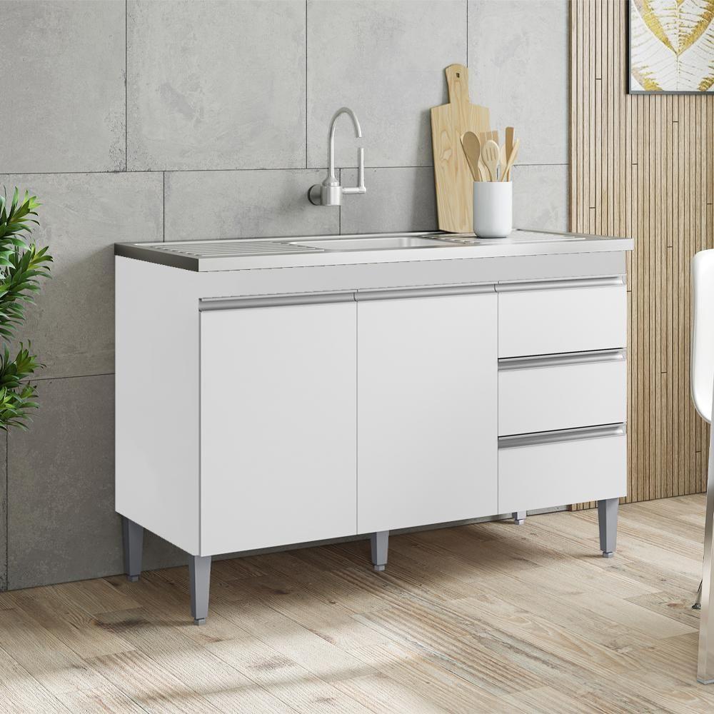 Balcão Pia Sem Tampo 2 Portas 3 Gavetas 116 Cm Andreia Branco Reajl Moveis - 7