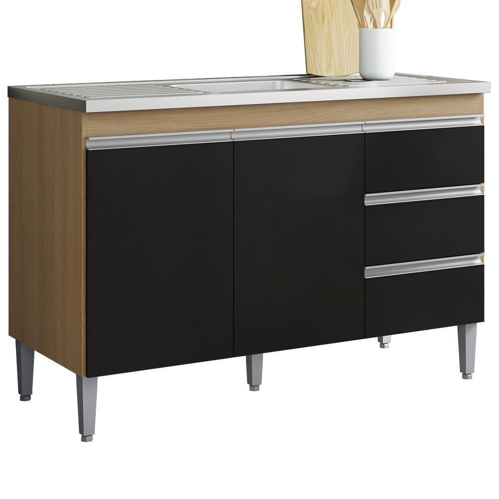 Balcão Pia Sem Tampo 2 Portas 3 Gavetas 116 Cm Andreia Amendoa Preto Reajl Moveis - 1