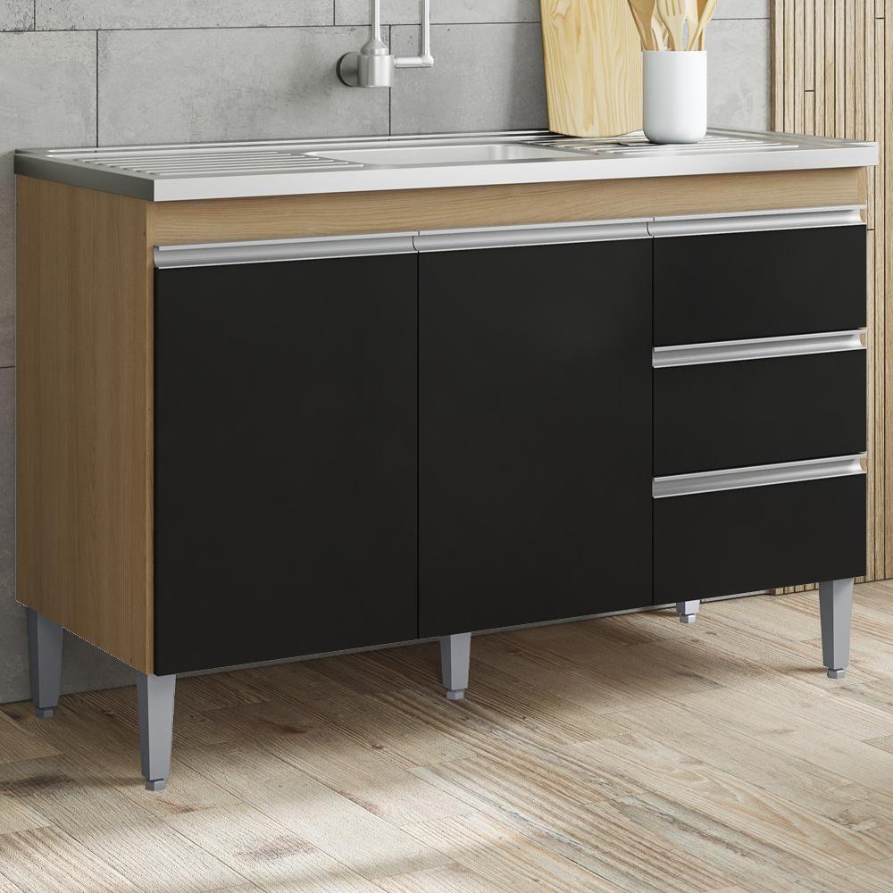 Balcão Pia Sem Tampo 2 Portas 3 Gavetas 116 Cm Andreia Amendoa Preto Reajl Moveis - 2