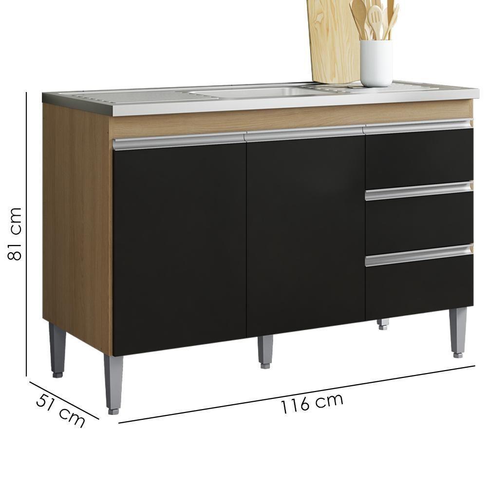 Balcão Pia Sem Tampo 2 Portas 3 Gavetas 116 Cm Andreia Amendoa Preto Reajl Moveis - 3