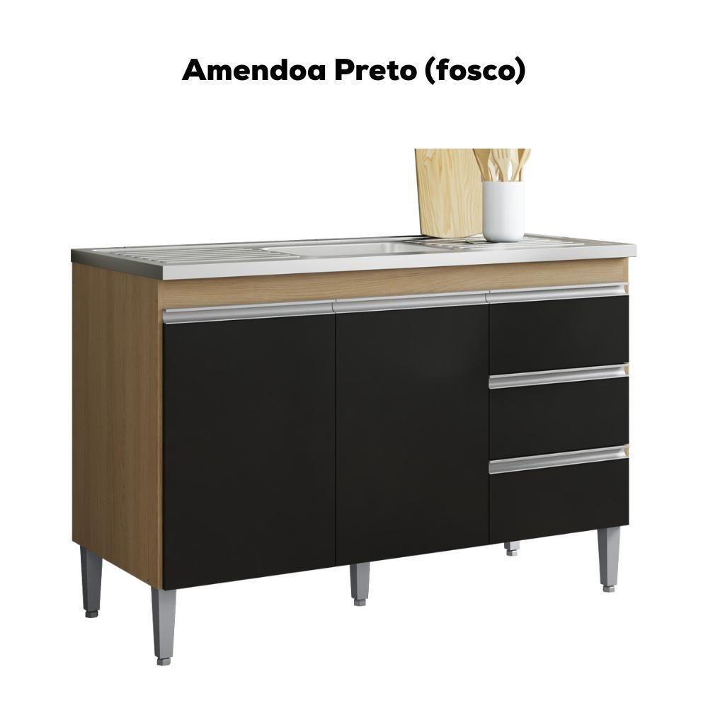 Balcão Pia Sem Tampo 2 Portas 3 Gavetas 116 Cm Andreia Amendoa Preto Reajl Moveis - 4