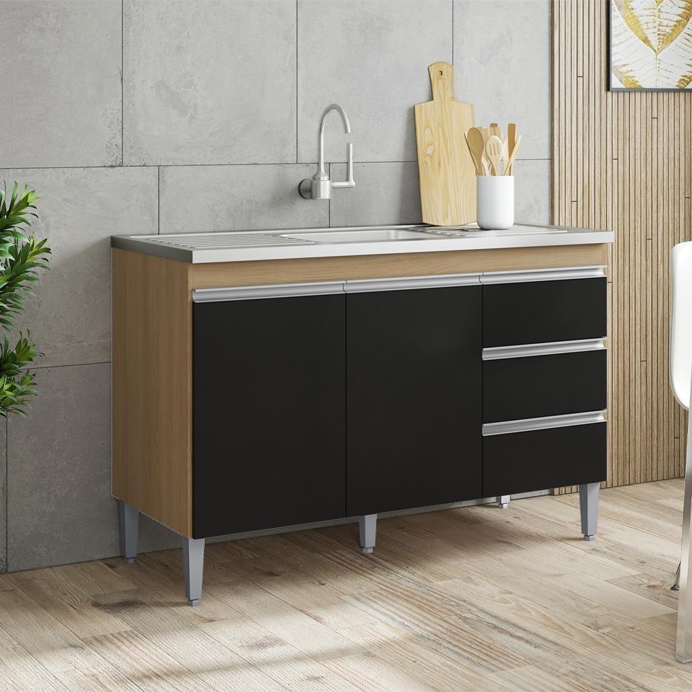 Balcão Pia Sem Tampo 2 Portas 3 Gavetas 116 Cm Andreia Amendoa Preto Reajl Moveis - 7