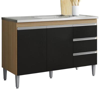 Balcão Pia Sem Tampo 2 Portas 3 Gavetas 116 Cm Andreia Amendoa Preto Reajl Moveis
