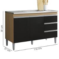 Balcão Pia Sem Tampo 2 Portas 3 Gavetas 116 Cm Andreia Amendoa Preto Reajl Moveis - 3