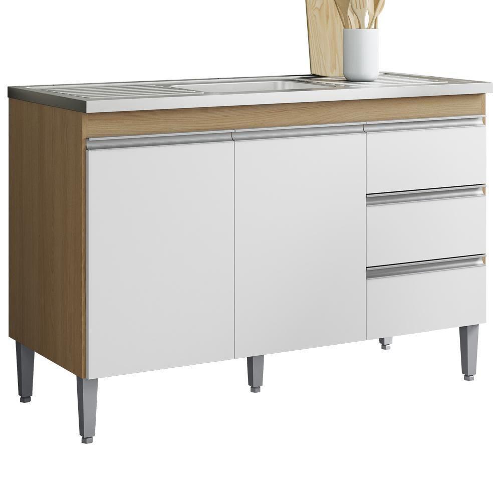 Balcão Pia Sem Tampo 2 Portas 3 Gavetas 116 Cm Andreia Amendoa Branco Reajl Moveis - 1