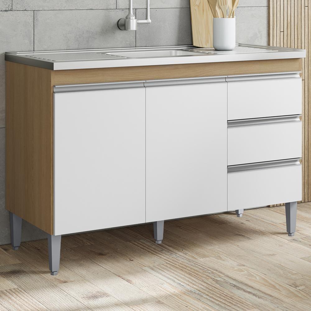 Balcão Pia Sem Tampo 2 Portas 3 Gavetas 116 Cm Andreia Amendoa Branco Reajl Moveis - 2