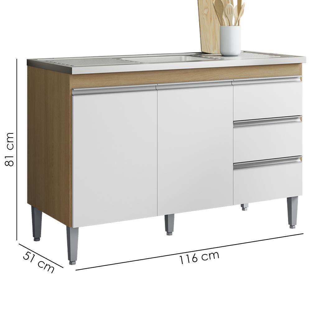 Balcão Pia Sem Tampo 2 Portas 3 Gavetas 116 Cm Andreia Amendoa Branco Reajl Moveis - 3