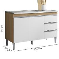 Balcão Pia Sem Tampo 2 Portas 3 Gavetas 116 Cm Andreia Amendoa Branco Reajl Moveis - 3