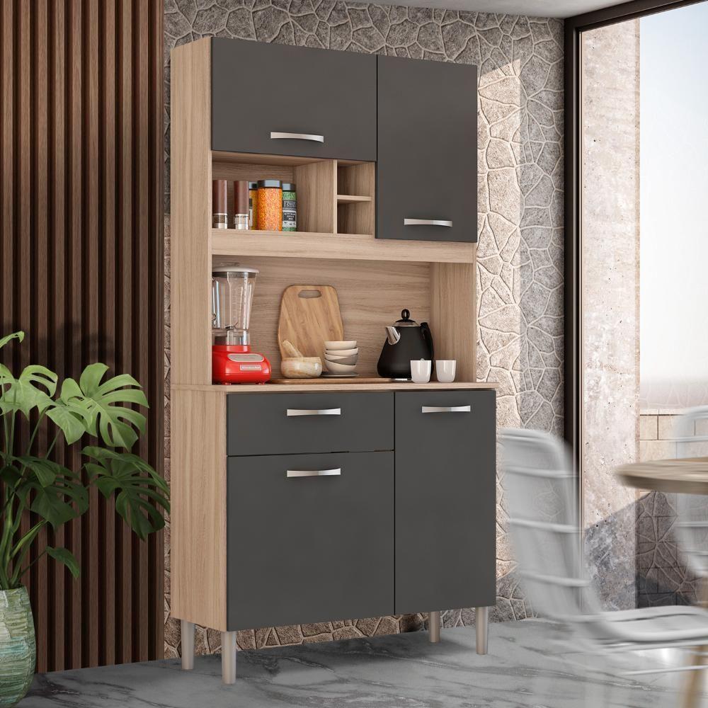 Armário Cozinha Compacta 4 Portas 1 Gaveta Balcão E Aéreo Avena Grafite - 1