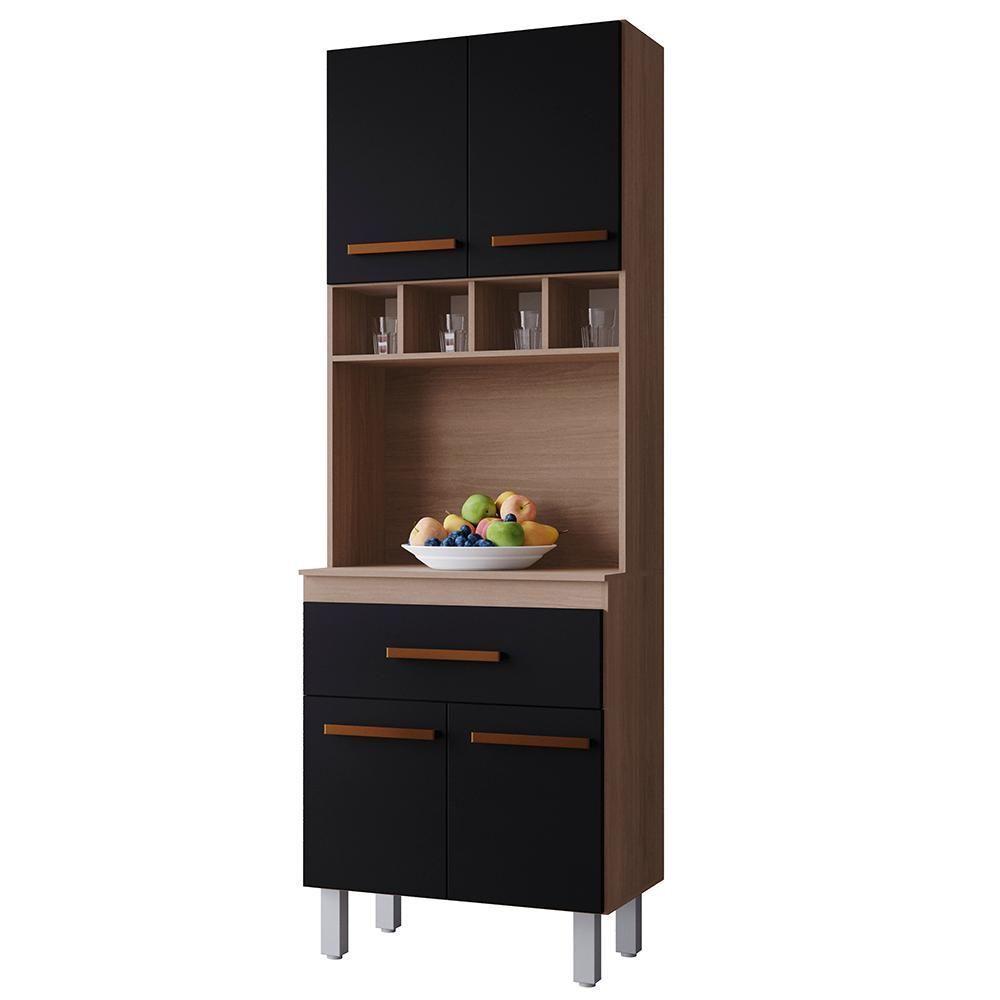 Armario Paneleiro 4 Portas 1 Gaveta 197x60 Cm Vitoria Savana Preto Mobbs - 1