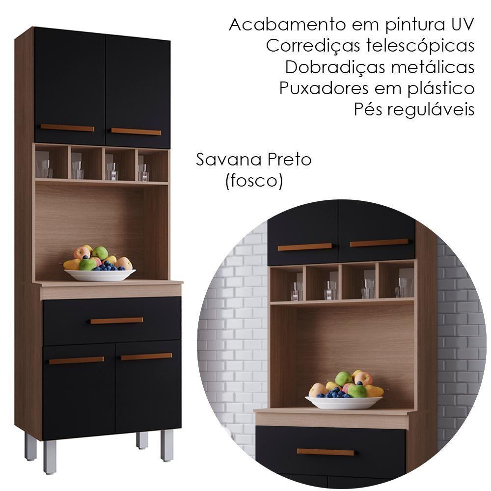 Armario Paneleiro 4 Portas 1 Gaveta 197x60 Cm Vitoria Savana Preto Mobbs - 4