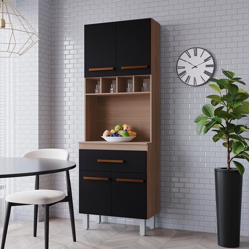 Armario Paneleiro 4 Portas 1 Gaveta 197x60 Cm Vitoria Savana Preto Mobbs - 5