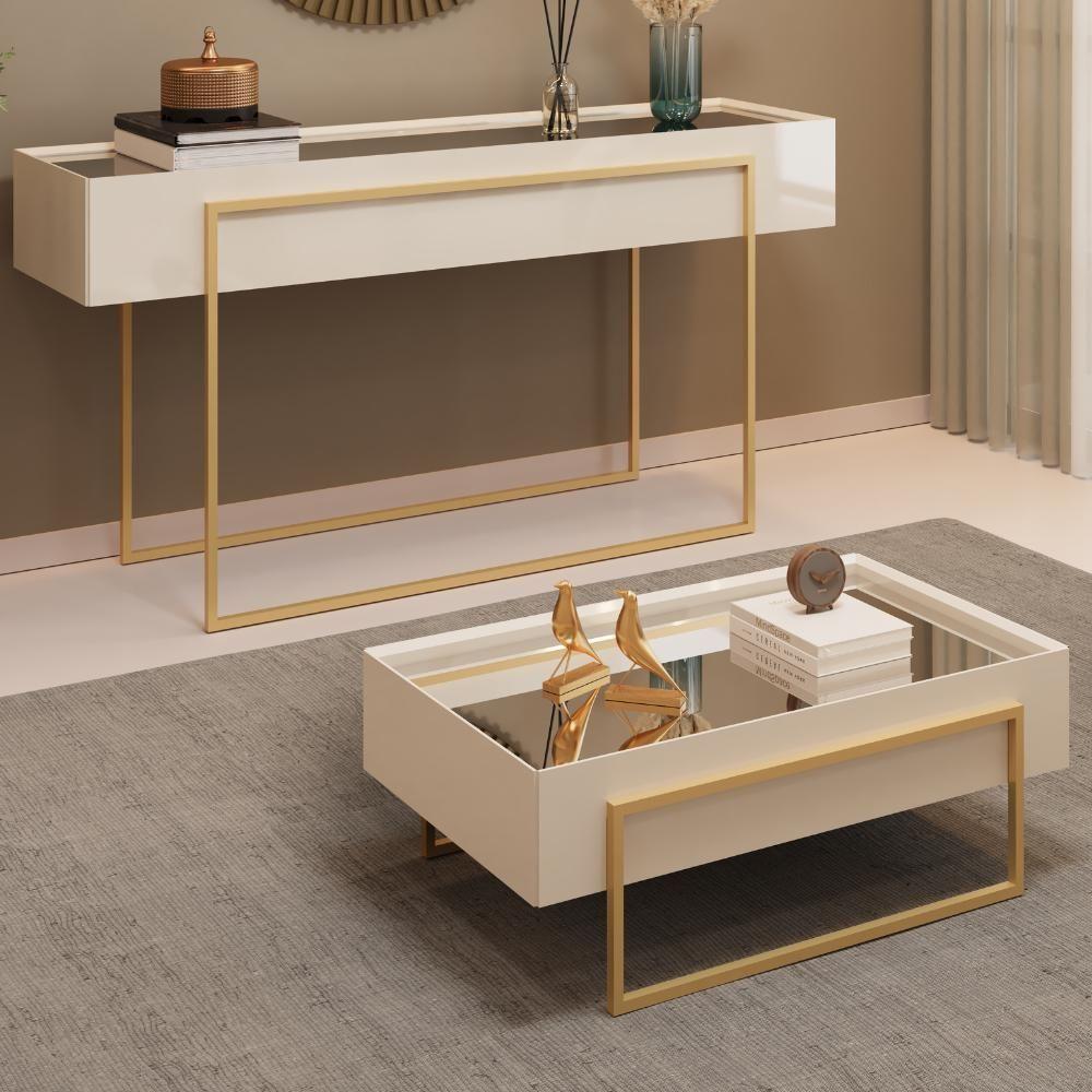 Aparador E Mesa Centro Kika Pes Metal Off White Dourado Dj Moveis - 2