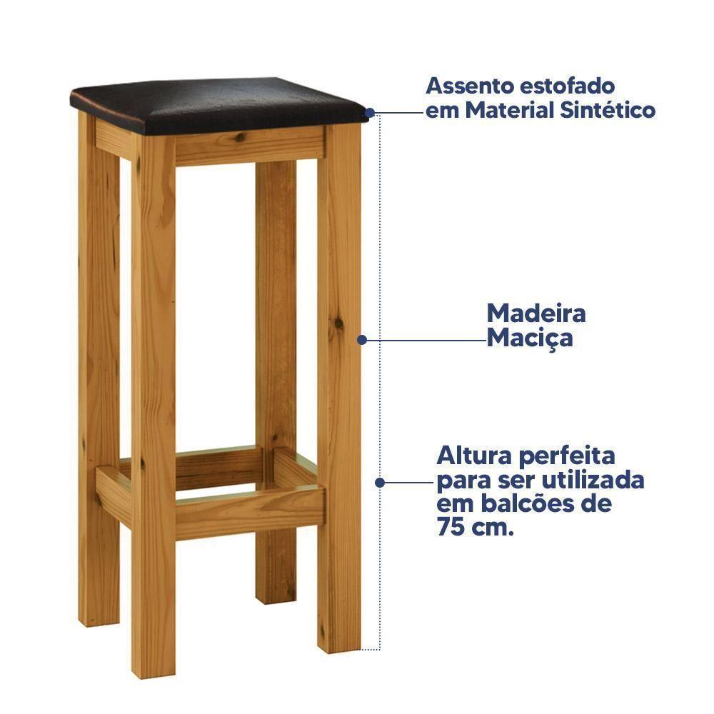 Banqueta De Madeira Maciça Alta Mel Assento Estofado Corano Preto Mel - 3