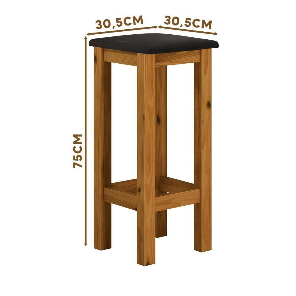 Banqueta De Madeira Maciça Alta Mel Assento Estofado Corano Preto Mel - 4