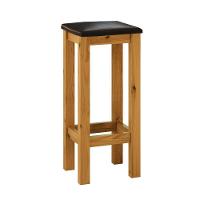 Banqueta De Madeira Maciça Alta Mel Assento Estofado Corano Preto Mel - 2