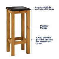 Banqueta De Madeira Maciça Alta Mel Assento Estofado Corano Preto Mel - 3