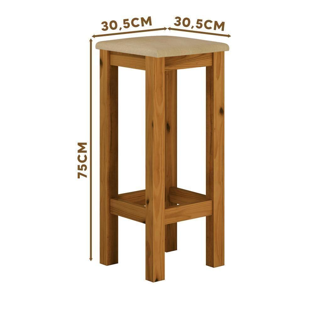 Banqueta De Madeira Maciça Alta Mel Assento Estofado Corano Bege Mel - 4