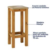 Banqueta De Madeira Maciça Alta Mel Assento Estofado Corano Bege Mel - 2