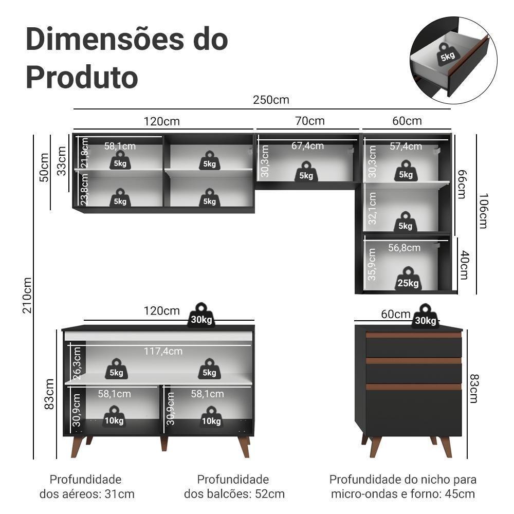 Armário De Cozinha Completa 250cm Preto Reims Madesa 08 Preto - 3