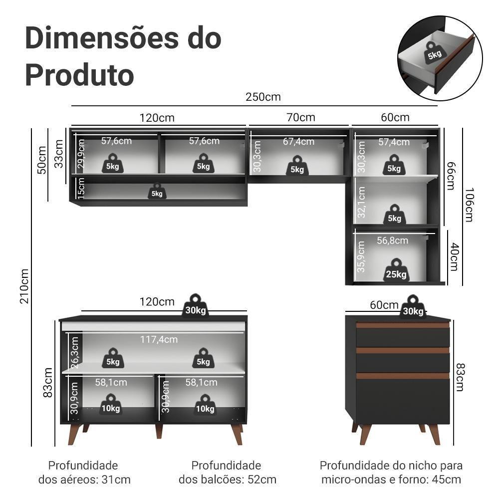 Armário De Cozinha Completa 250cm Preto Reims Madesa 10 Preto - 5