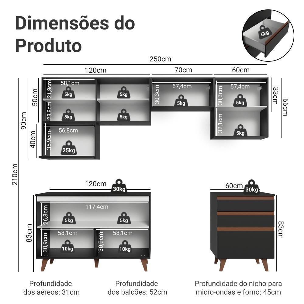 Armário De Cozinha Completa 250cm Preto Reims Madesa 09 Preto - 3