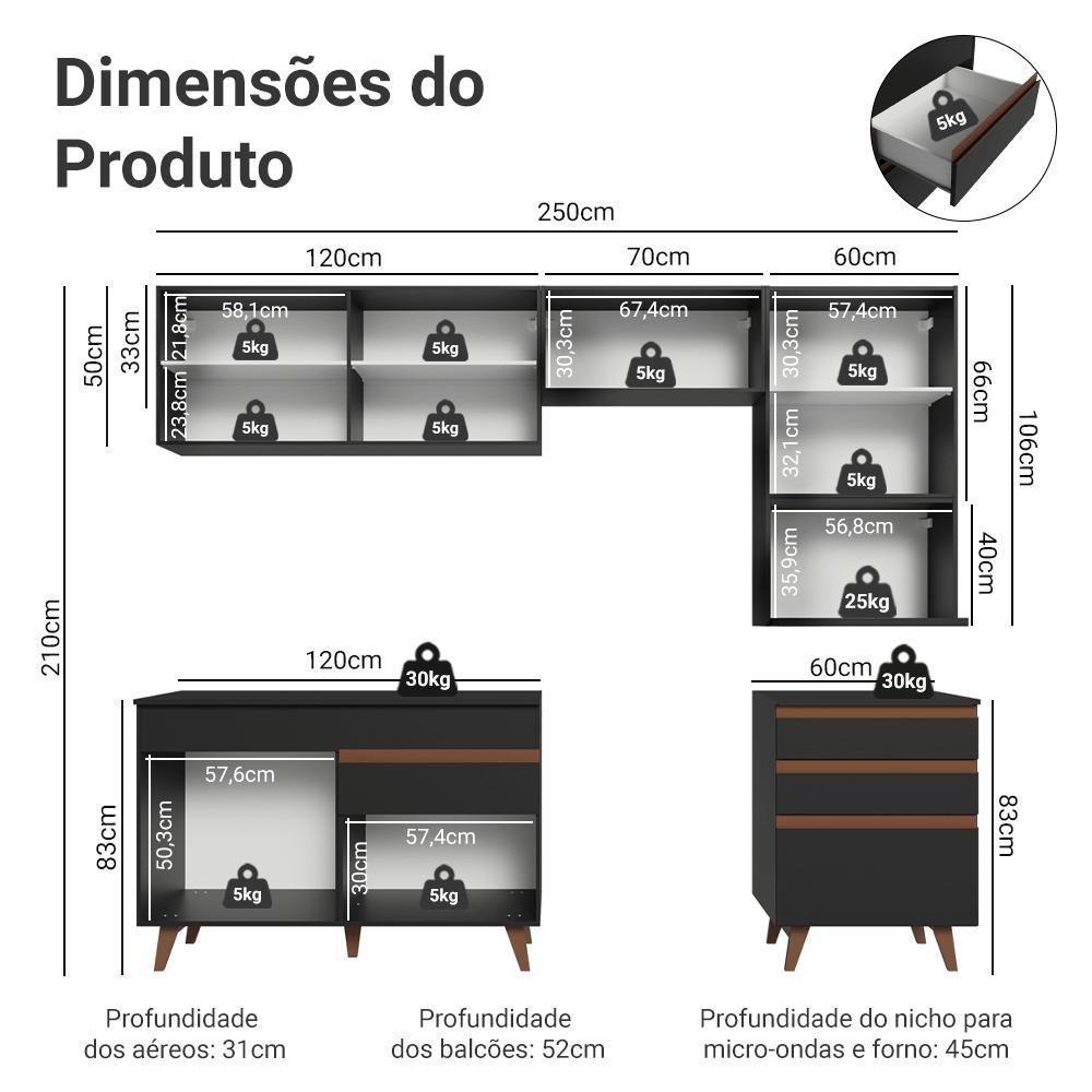 Armário De Cozinha Completa 250cm Preto Reims Madesa 07 Preto - 3