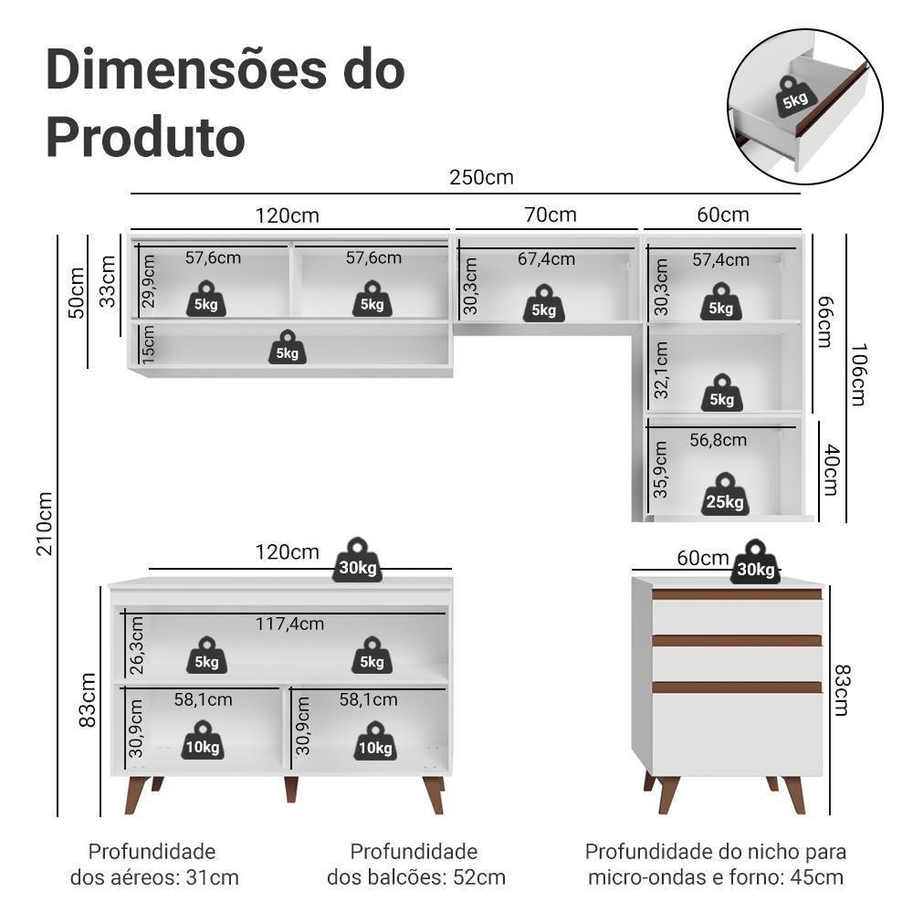 Armário De Cozinha Completa 250cm Branco Reims Madesa 10 Branco - 3
