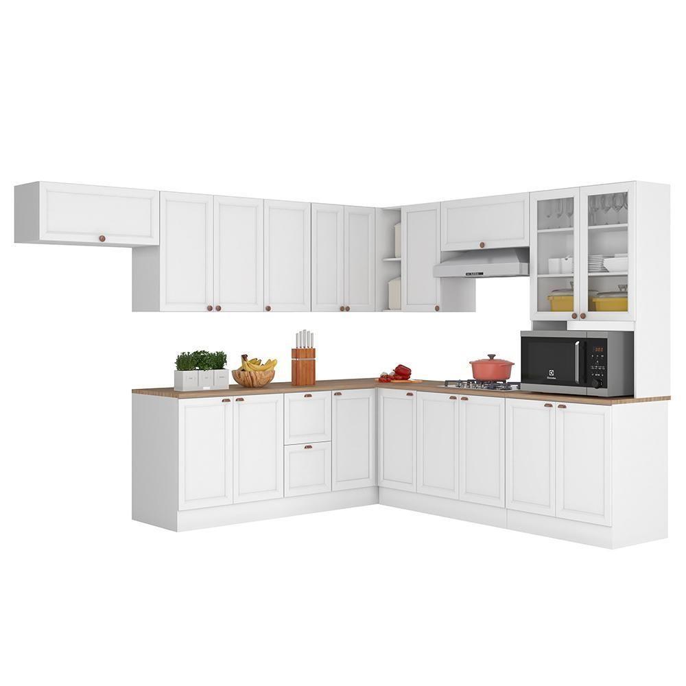 Cozinha De Canto Modulada Unna 10 Peças Com Paneleiro Duplo Cristaleira Branco - Poliman Móveis Branco - 1