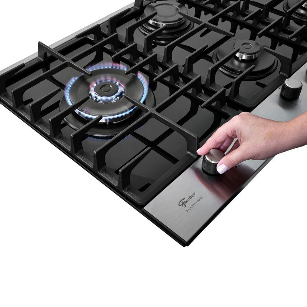 Cooktop A Gás 5 Bocas Tripla Chama Platinium Com Trempe De Ferro Fundido Mesa Vidro Bivolt Fischer - 9
